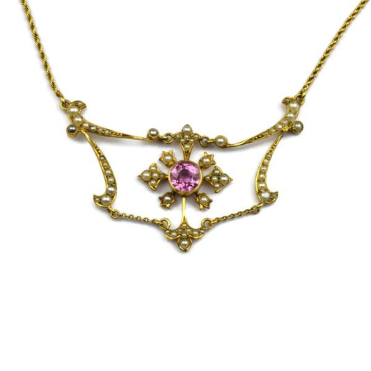 Antique Edwardian Pink Tourmaline and Split Pearl Necklace in 15ct gold