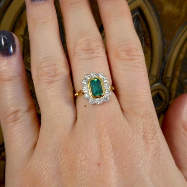 Edwardian Style 0.85ct Emerald and Diamond Cluster Ring
