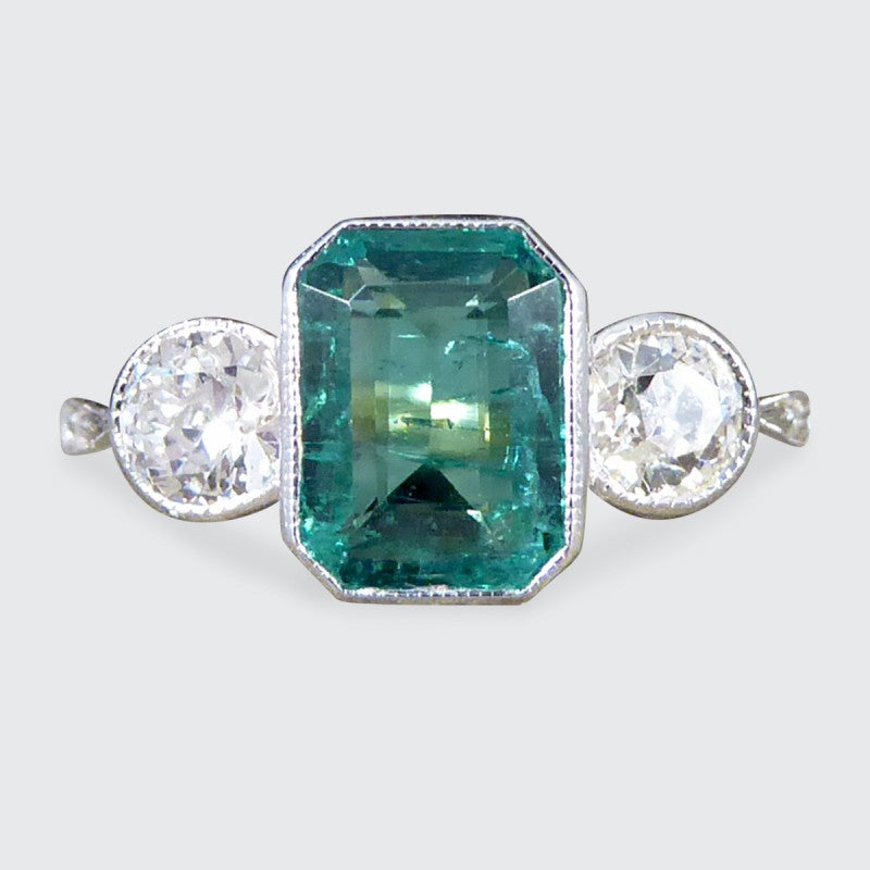 Edwardian Style 1.30ct Emerald and Diamond Three Stone Ring