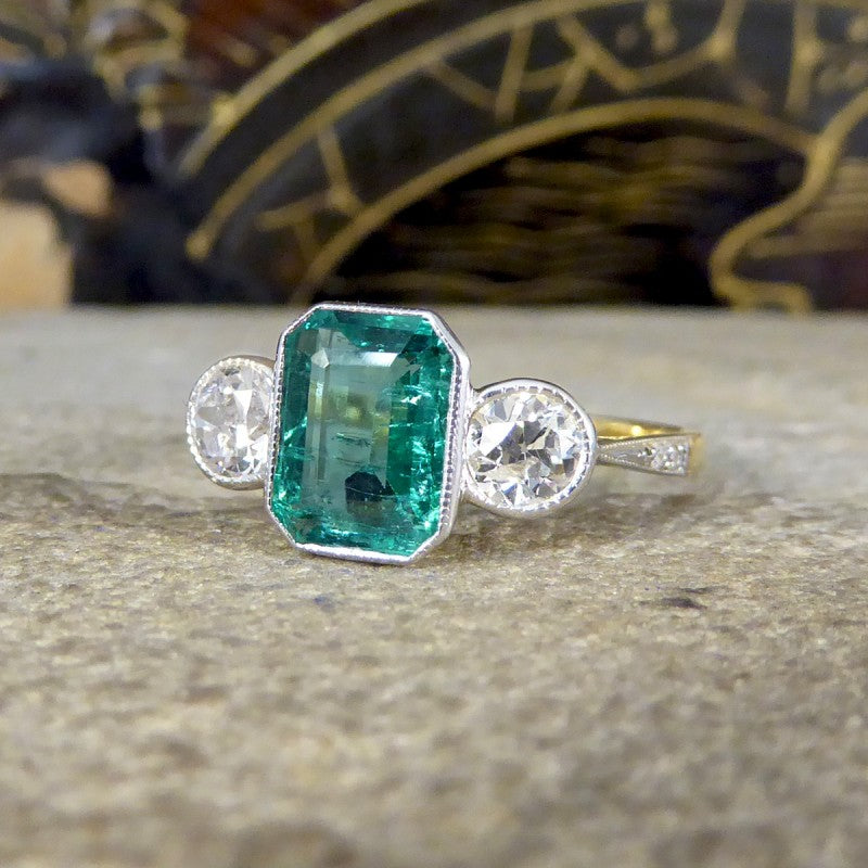 Edwardian Style 1.30ct Emerald and Diamond Three Stone Ring