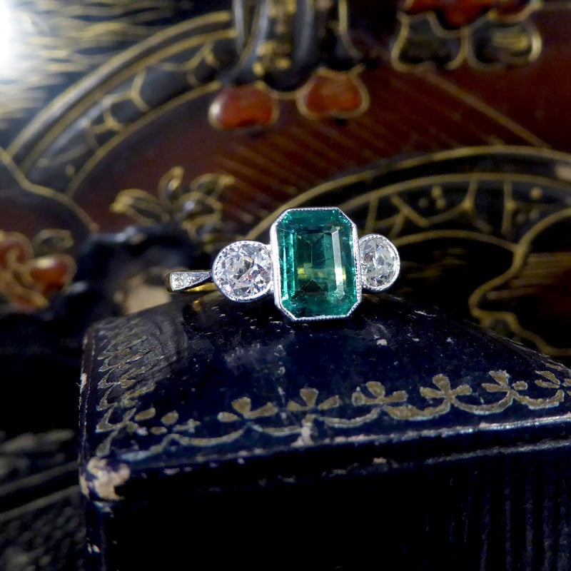 Edwardian Style 1.30ct Emerald and Diamond Three Stone Ring