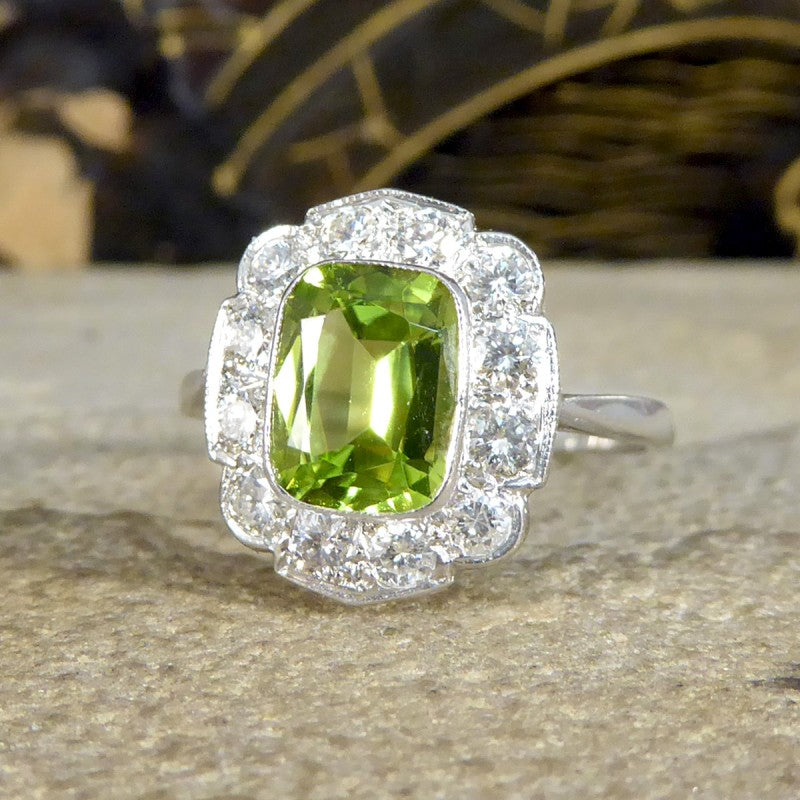 Edwardian Style 1.50ct Peridot and Diamond Cluster Ring