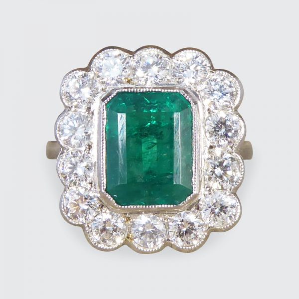 Edwardian Style 1.85ct Emerald and Diamond Cluster Platinum Ring