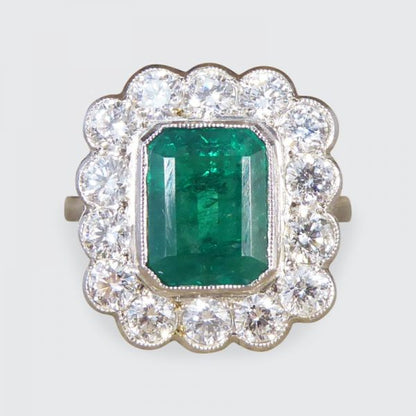 Edwardian Style 1.85ct Emerald and Diamond Cluster Platinum Ring