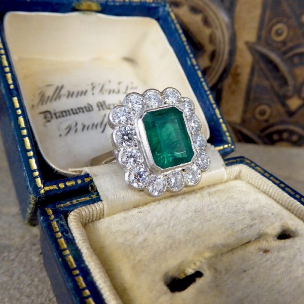 Edwardian Style 1.85ct Emerald and Diamond Cluster Platinum Ring