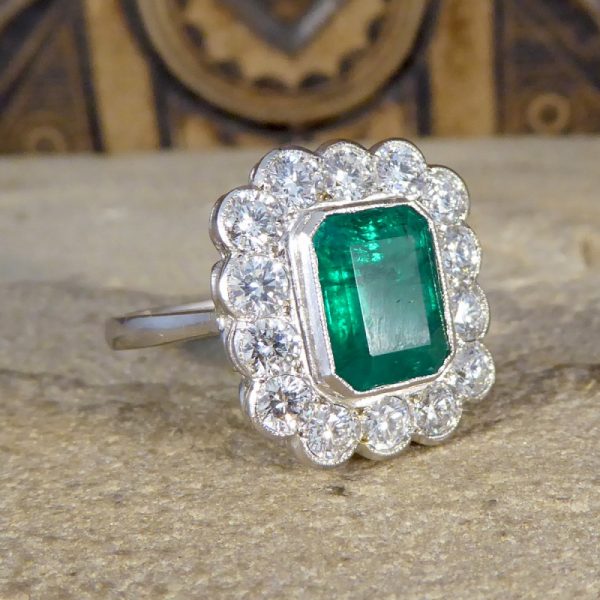 Edwardian Style 1.85ct Emerald and Diamond Cluster Platinum Ring