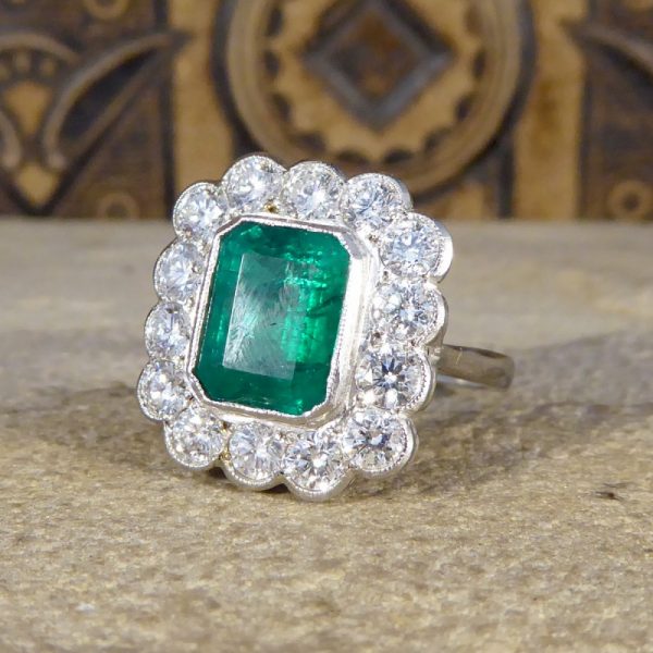 Edwardian Style 1.85ct Emerald and Diamond Cluster Platinum Ring