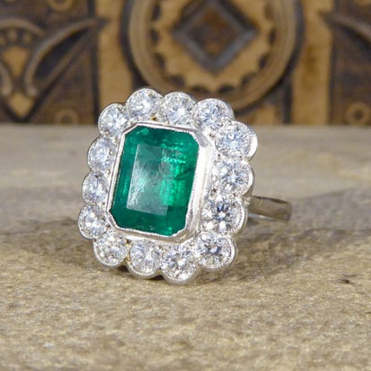 Edwardian Style 1.85ct Emerald and Diamond Cluster Platinum Ring