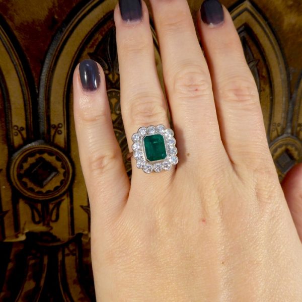 Edwardian Style 1.85ct Emerald and Diamond Cluster Platinum Ring