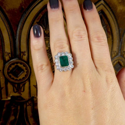 Edwardian Style 1.85ct Emerald and Diamond Cluster Platinum Ring