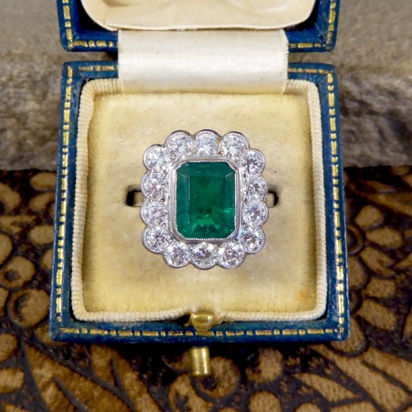 Edwardian Style 1.85ct Emerald and Diamond Cluster Platinum Ring