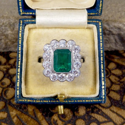 Edwardian Style 1.85ct Emerald and Diamond Cluster Platinum Ring