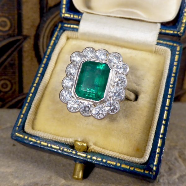 Edwardian Style 1.85ct Emerald and Diamond Cluster Platinum Ring