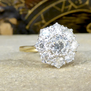 Edwardian Style 1.85ct Old Cut Diamond Daisy Cluster Ring