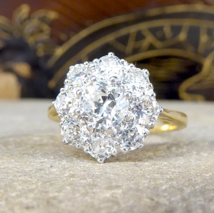 Edwardian Style 1.85ct Old Cut Diamond Daisy Cluster Ring