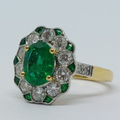 Edwardian Style Emerald and Diamond Cluster Ring