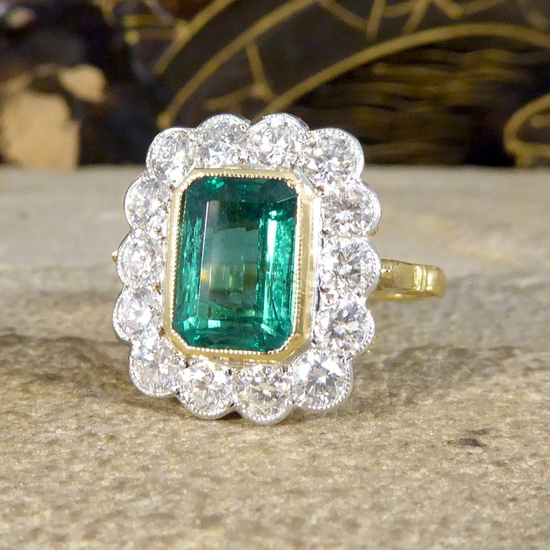 Edwardian Style 2.50ct Emerald and 1.20ct Diamond Cluster Ring