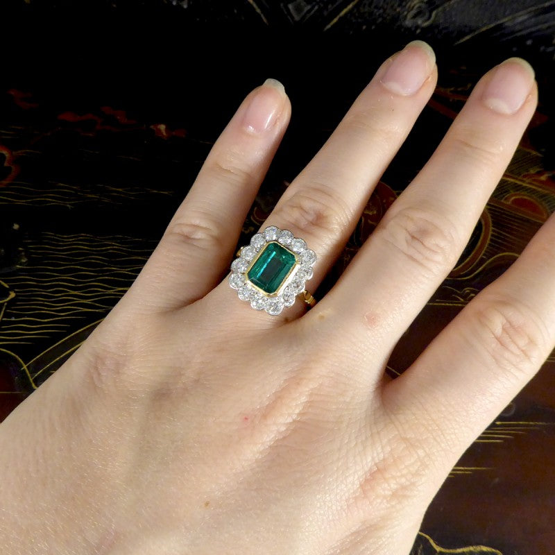 Edwardian Style 2.50ct Emerald and 1.20ct Diamond Cluster Ring
