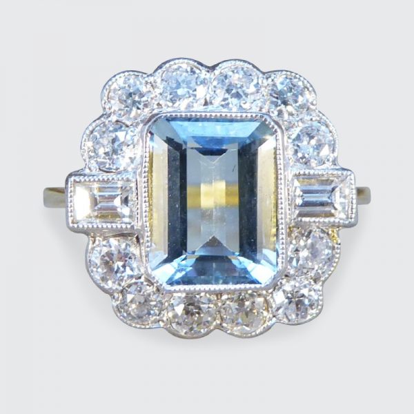 Edwardian Style Aquamarine 1.50ct and Diamond Cluster Ring