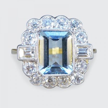Edwardian Style Aquamarine 1.50ct and Diamond Cluster Ring