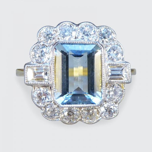 Edwardian Style Aquamarine 1.50ct and Diamond Cluster Ring