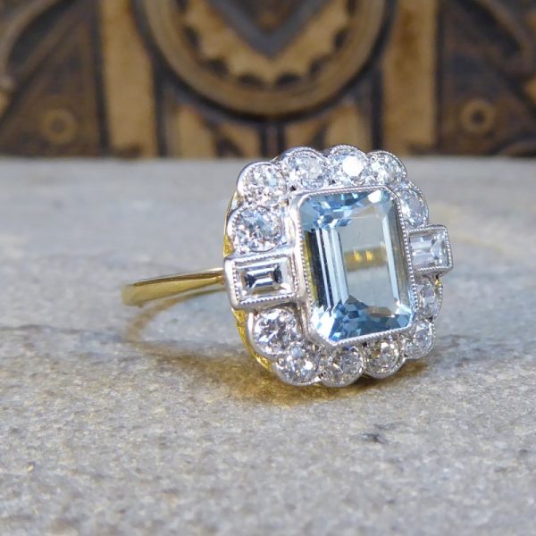 Edwardian Style Aquamarine 1.50ct and Diamond Cluster Ring