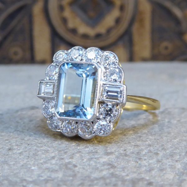 Edwardian Style Aquamarine 1.50ct and Diamond Cluster Ring