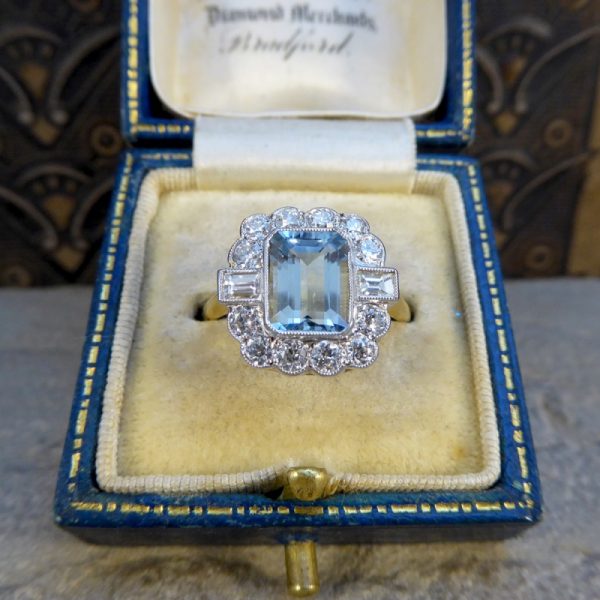 Edwardian Style Aquamarine 1.50ct and Diamond Cluster Ring