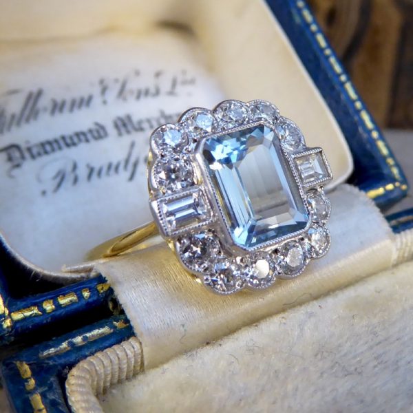 Edwardian Style Aquamarine 1.50ct and Diamond Cluster Ring
