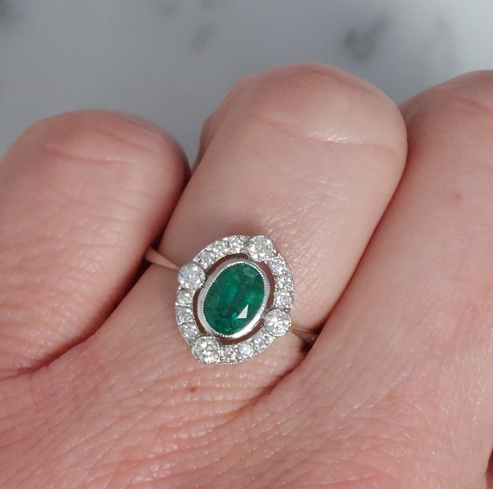 Edwardian Style Emerald and Diamond Cluster Ring