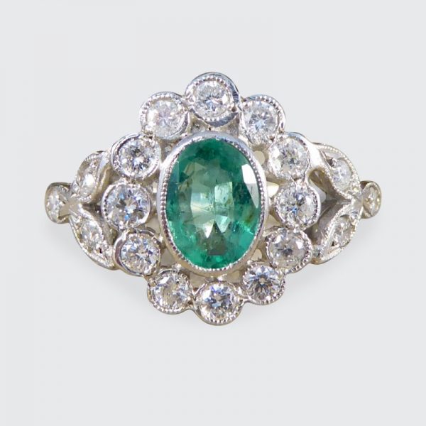 Edwardian Style Emerald and Diamond Oval Cluster Platinum Ring
