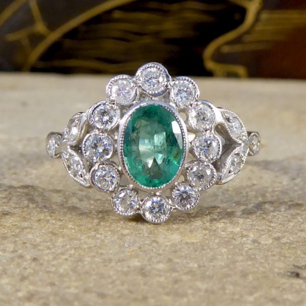 Edwardian Style Emerald and Diamond Oval Cluster Platinum Ring