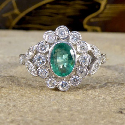 Edwardian Style Emerald and Diamond Oval Cluster Platinum Ring