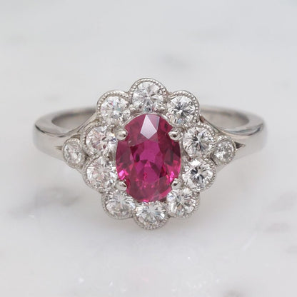 Edwardian Style Oval 1ct Ruby and Diamond Cluster Ring