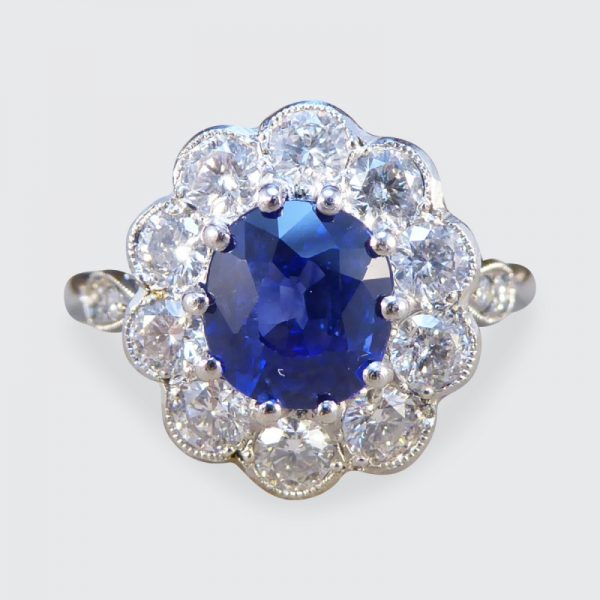 Edwardian Style Sapphire and Diamond Cluster Ring, Platinum