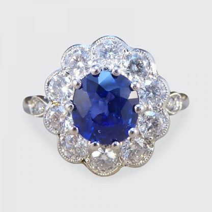 Edwardian Style Sapphire and Diamond Cluster Ring, Platinum