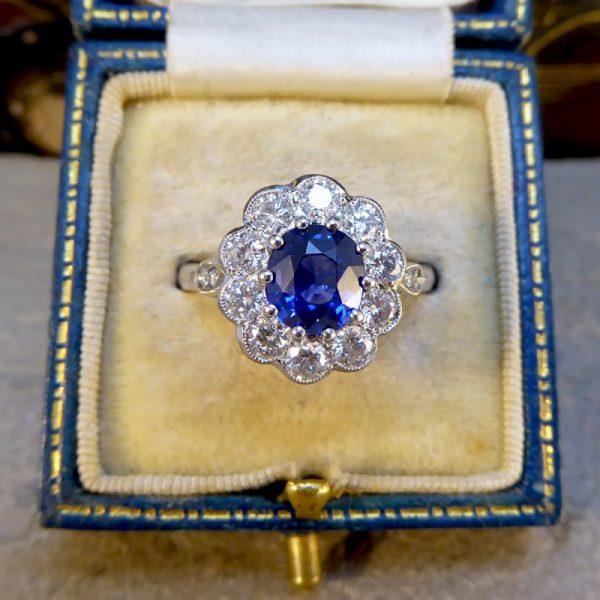 Edwardian Style Sapphire and Diamond Cluster Ring, Platinum