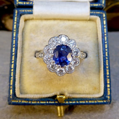 Edwardian Style Sapphire and Diamond Cluster Ring, Platinum