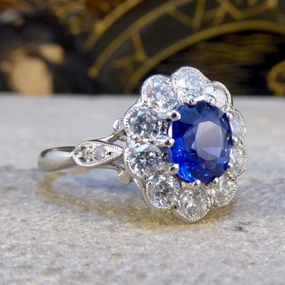 Edwardian Style Sapphire and Diamond Cluster Ring, Platinum