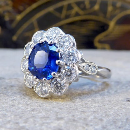 Edwardian Style Sapphire and Diamond Cluster Ring, Platinum