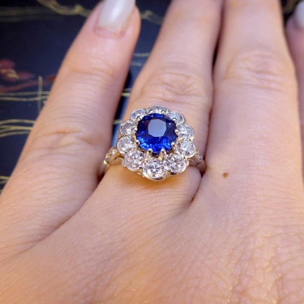 Edwardian Style Sapphire and Diamond Cluster Ring, Platinum