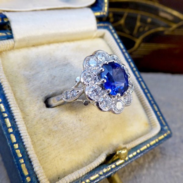 Edwardian Style Sapphire and Diamond Cluster Ring, Platinum