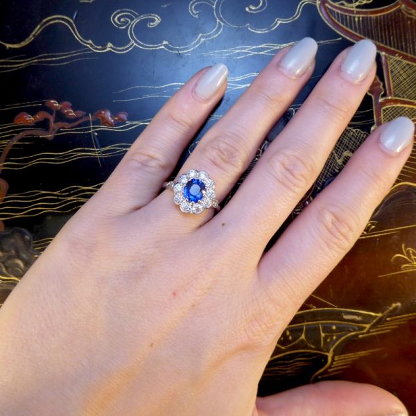 Edwardian Style Sapphire and Diamond Cluster Ring, Platinum