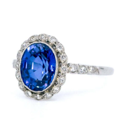 Edwardian Style Tanzanite and Diamond Cluster Ring