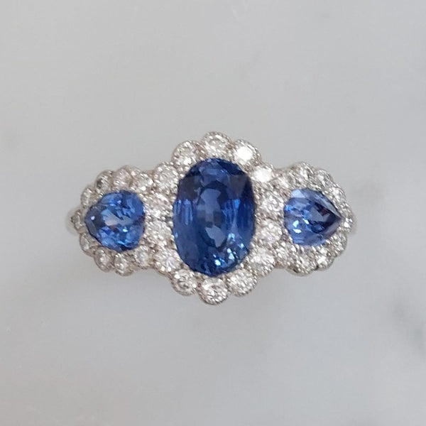 Edwardian Style Triple 2.50ct Sapphire and Diamond Cluster Ring