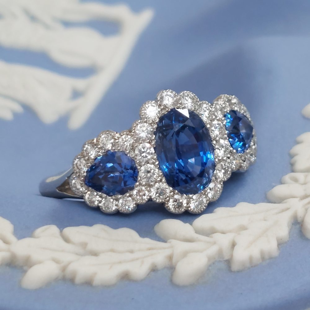 Edwardian Style Triple 2.50ct Sapphire and Diamond Cluster Ring