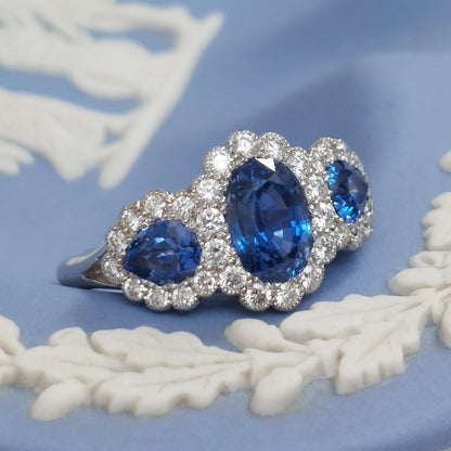 Edwardian Style Triple 2.50ct Sapphire and Diamond Cluster Ring