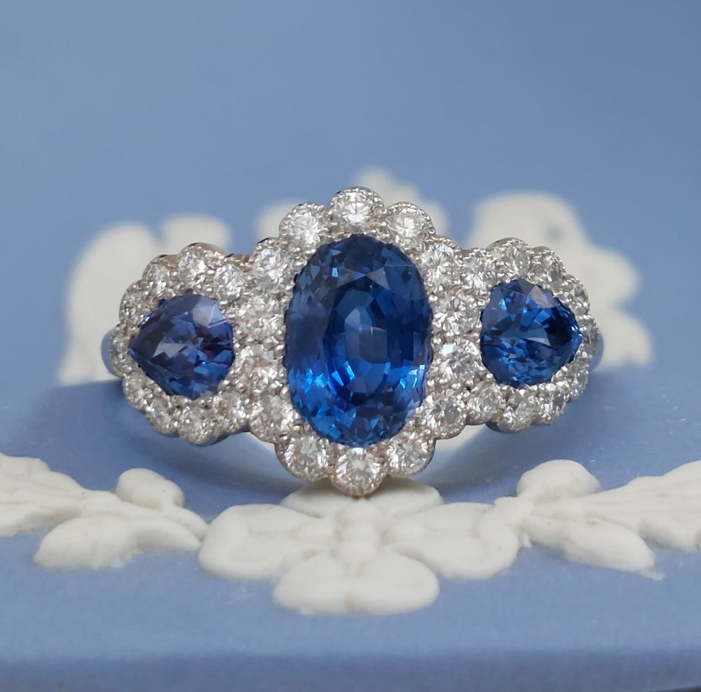 Edwardian Style Triple 2.50ct Sapphire and Diamond Cluster Ring