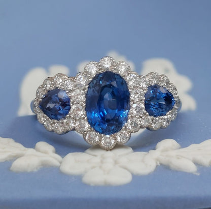 Edwardian Style Triple 2.50ct Sapphire and Diamond Cluster Ring