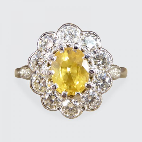 Edwardian Style Yellow Sapphire and Diamond Cluster Ring